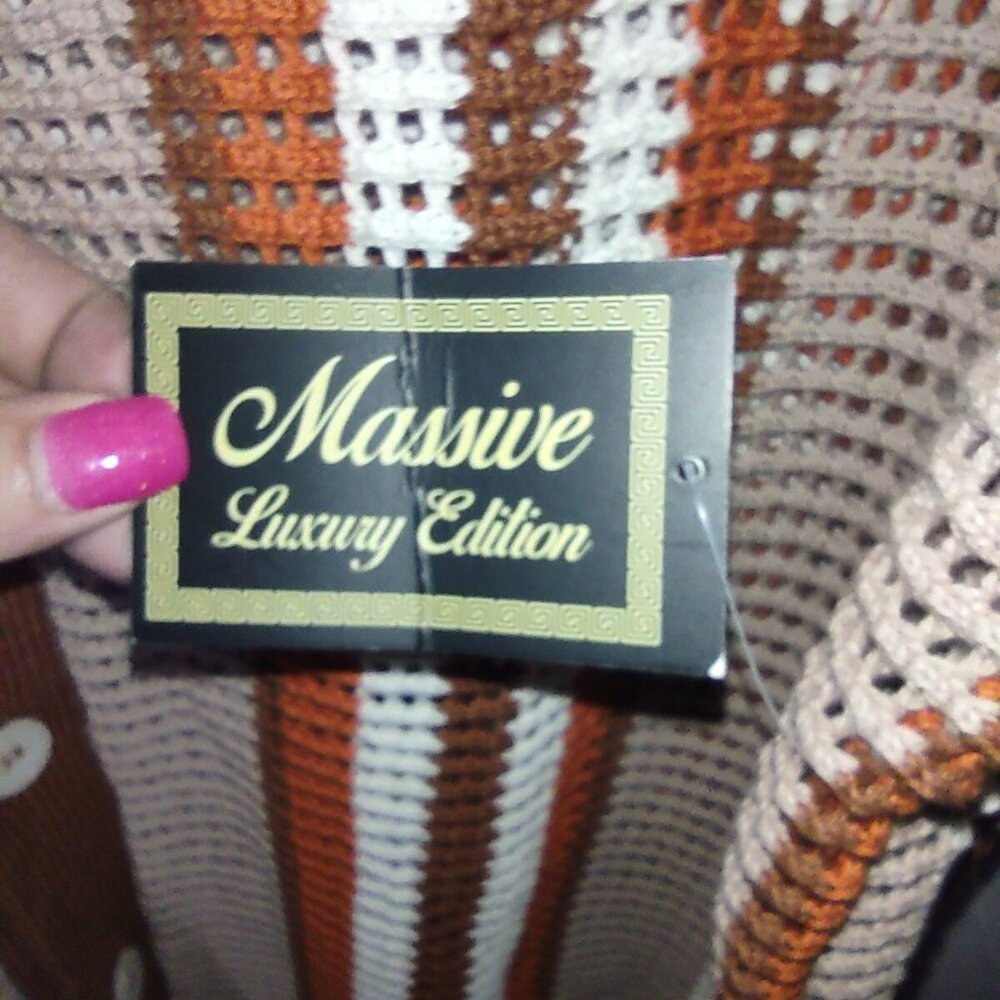 Massive Luxury Edition Crochet Knit Button Shirt Brown, Cream, Rust Stripe L NWT - Picture 5 of 8